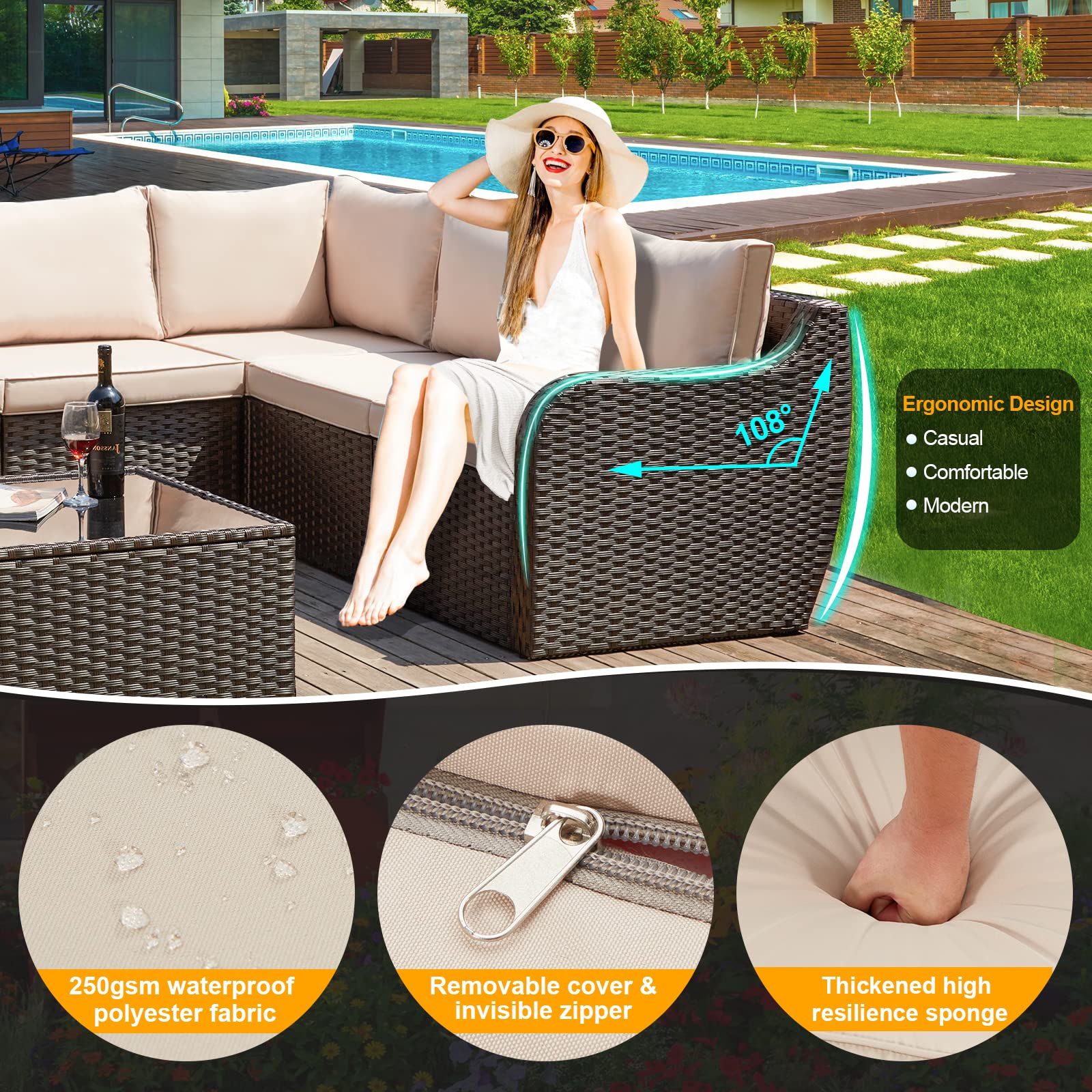 Vicluke 7-Piece PE Rattan Patio Furniture Set - Outdoor Wicker Sectional Sofa with Cushions & Glass Table - High Back Garden Conversation Set for Backyard, Deck, Poolside (Khaki)