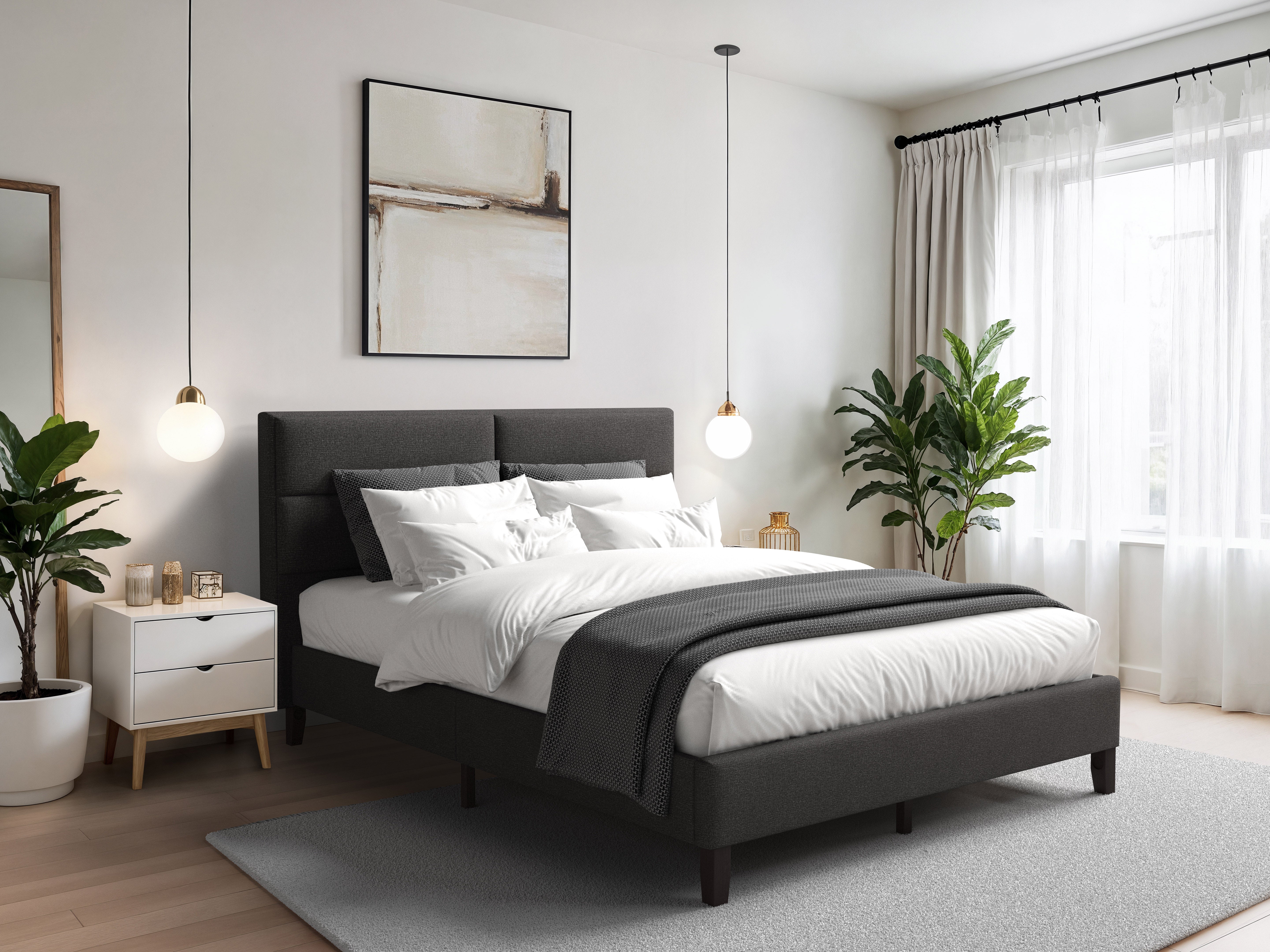 Luxury Dark Grey Upholstered Double Bed Frame with Soft Fabric Headboard - Queen Size Bed for Master Bedroom, Guest Room & Modern Home Decor