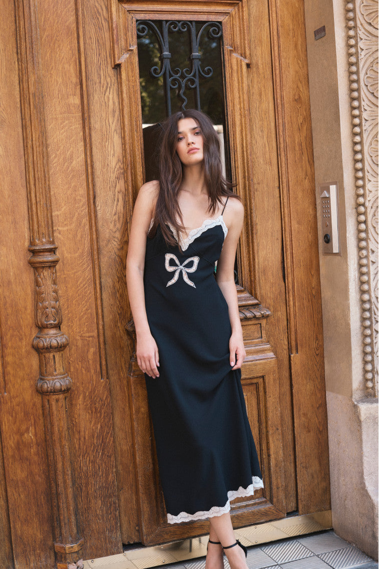Elegant Manuela Bow Slip Maxi Dress in Black - Perfect for Weddings, Parties & Special Occasions
