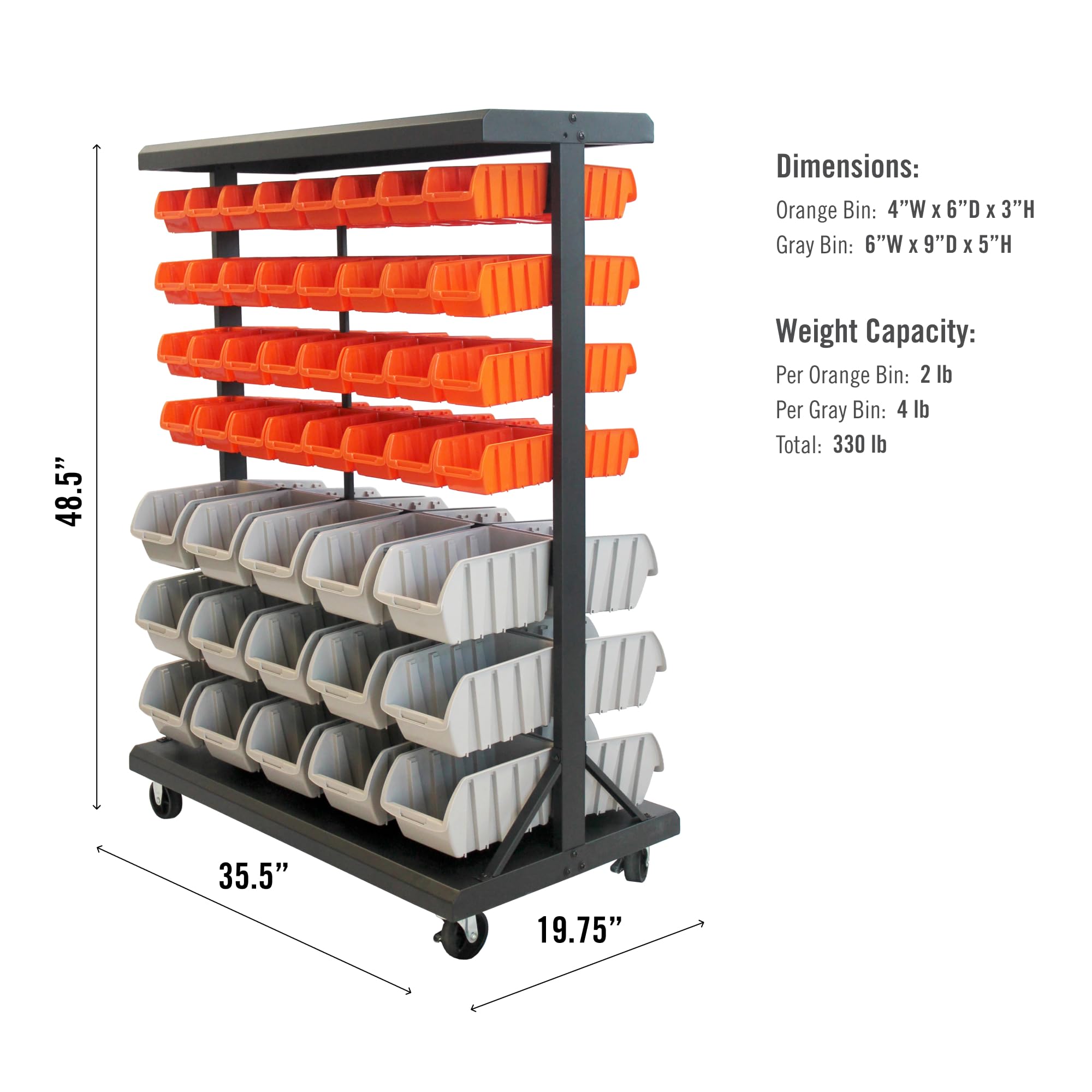 TRINITY EcoStorage 6-Tier Dual-Sided Rolling Bin Rack - Heavy Duty 330 Lbs Capacity with 94 Organizer Bins - 19.75