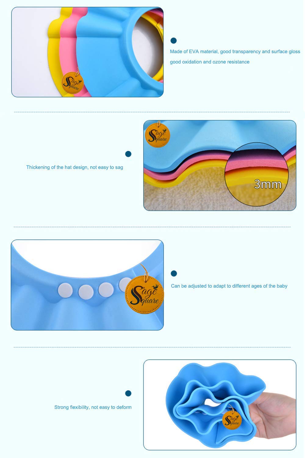Sage Square Adjustable Baby Shower Cap with Ear Protector - Soft & Safe Bathing Cap for Infants (Blue, Pink, Yellow, 3-Pack) | Perfect for Gentle Hair Washing, Bath Time & Toddler Care