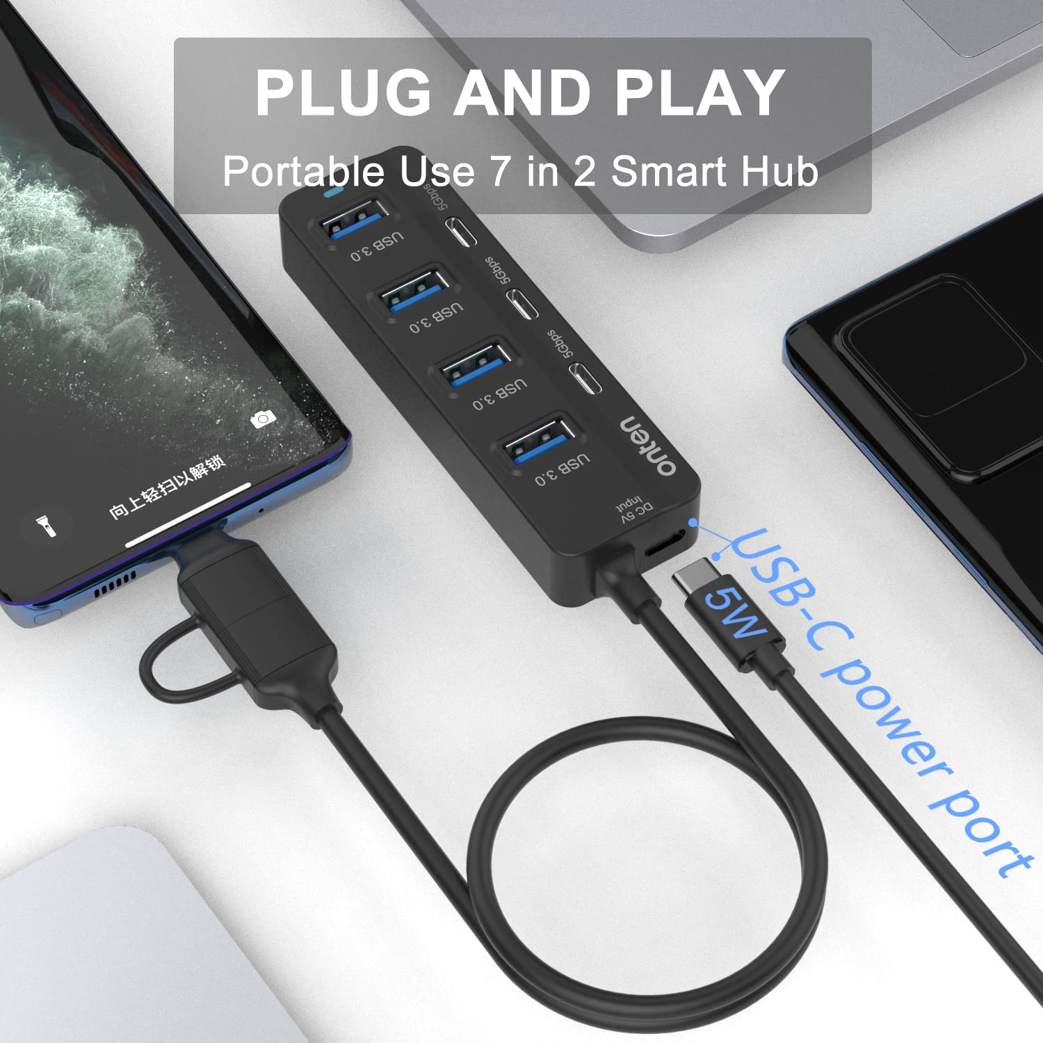 7-in-1 USB C Hub with 4 USB 3.0 Ports & 3 USB-C Ports | Thunderbolt 3/4 Compatible | 3.2ft Cable | for MacBook, Surface Pro & USB-C Devices | Perfect for Home Office, Travel & Multi-Device Charging