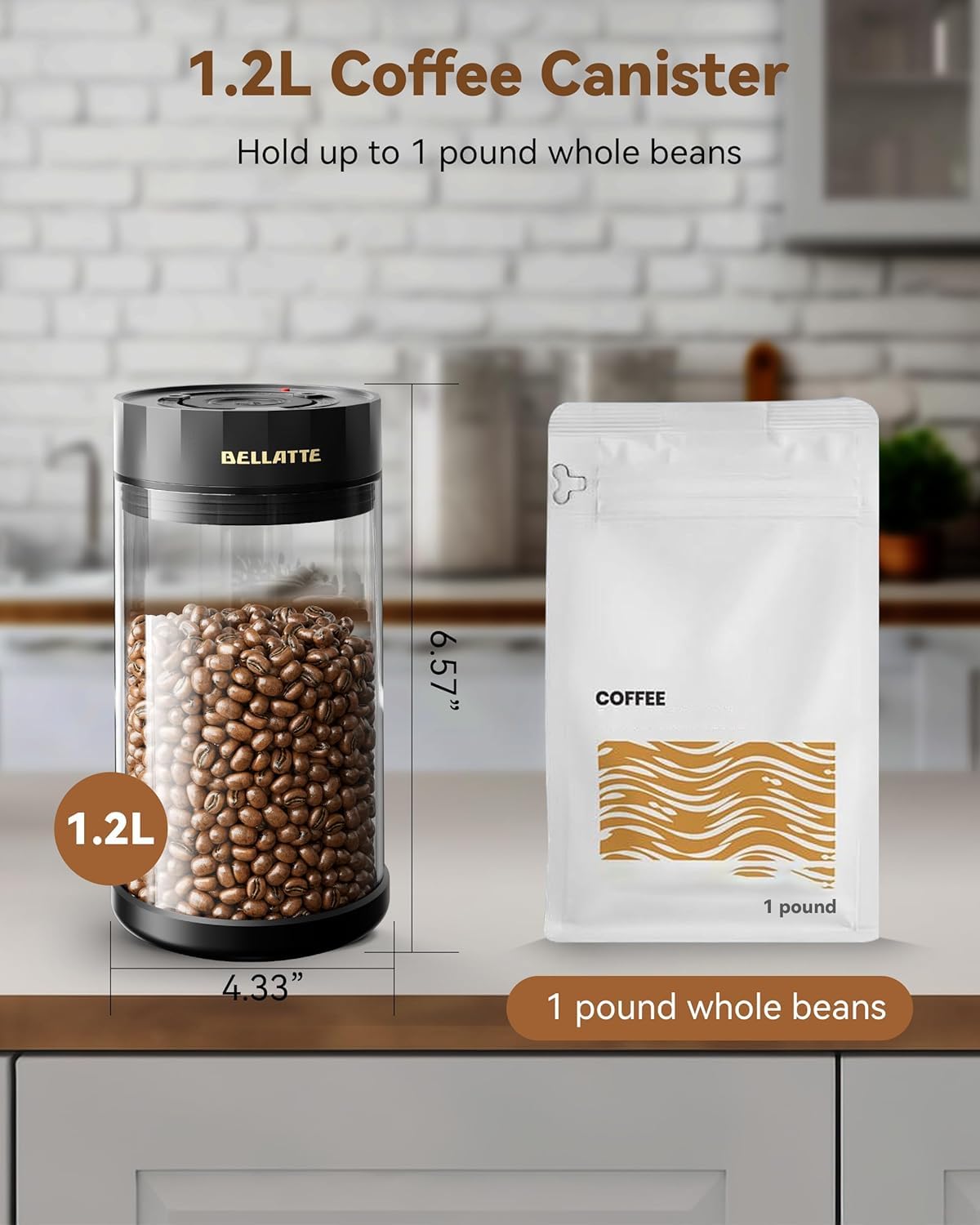 Vacuum Coffee Storage Container 1.2L - Airtight Glass Coffee Canister with Auto Seal Lid & Date Tracker - Holds 16oz Coffee Beans - Dishwasher Safe - Perfect for Kitchen Countertop, Pantry Organization & Fresh Coffee Preservation