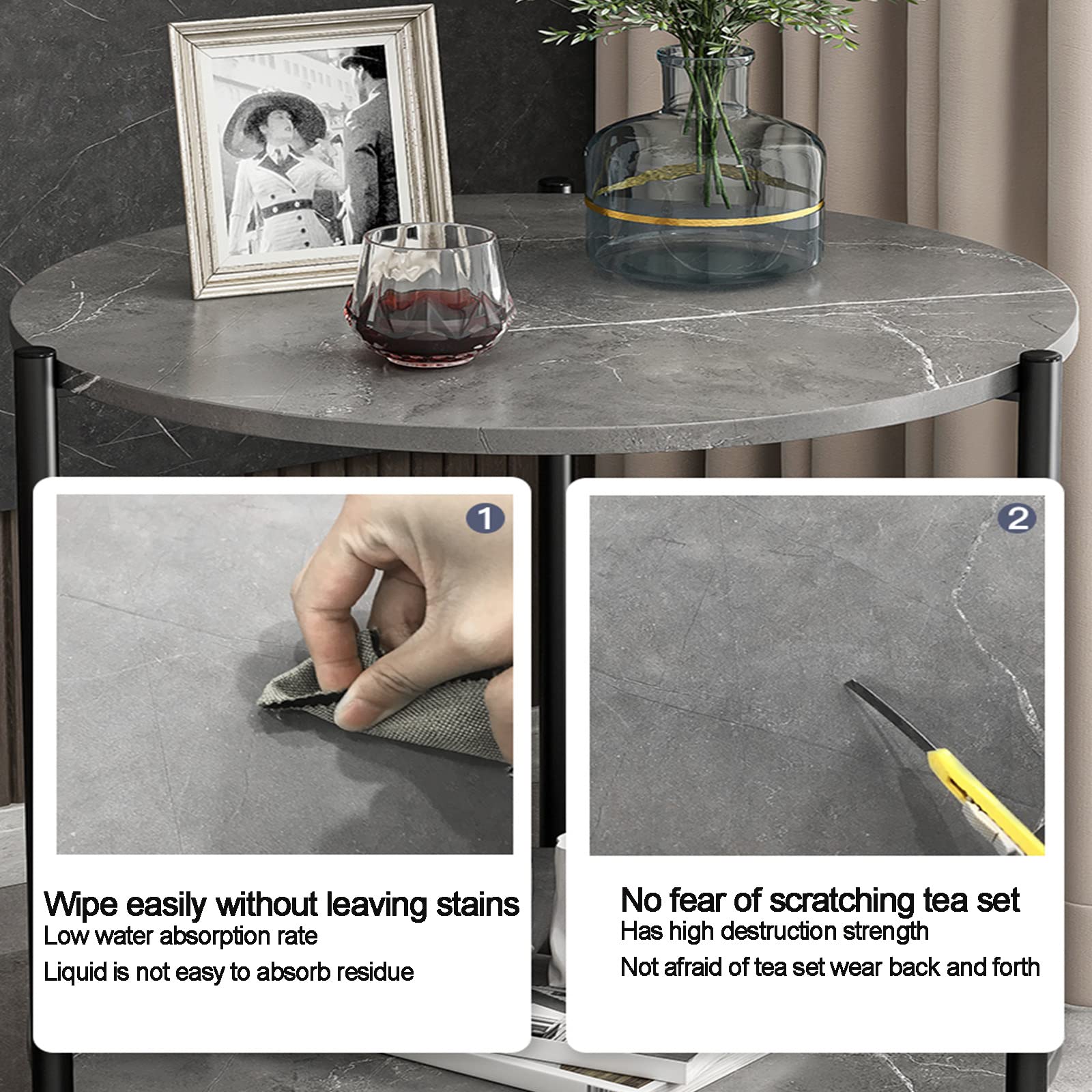 Modern Round Coffee Table with Faux White Marble Top & Black Metal Frame - Accent Side Table for Living Room, Dining Area or Office - Perfect for Tea Time, Entertaining Guests & Stylish Home Decor