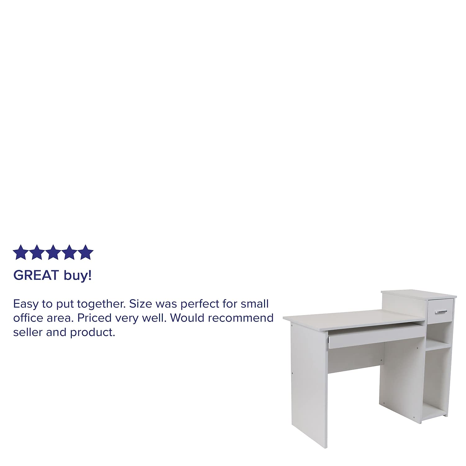 Flash Furniture Highland Park White Computer Desk with Shelves and Drawer - Modern Home Office Desk for Work, Study & Gaming - Compact Writing Desk with Storage Shelf & File Drawer - Perfect for Small Spaces, Dorm Rooms & Apartments