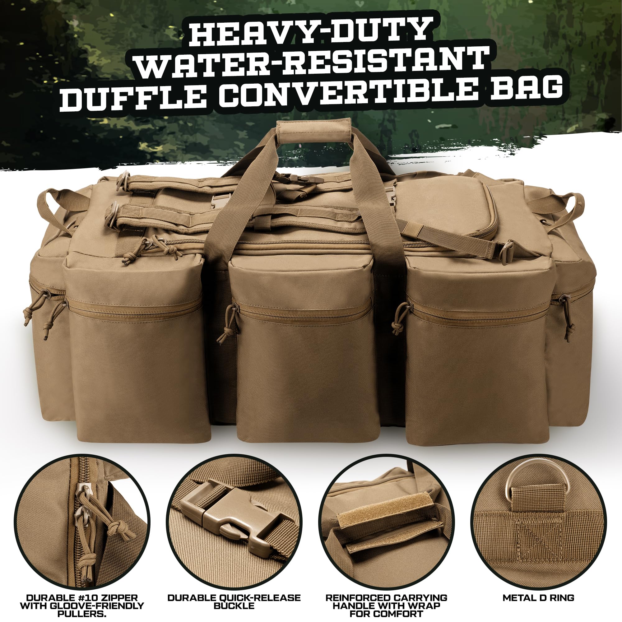 XMILPAX 100L Large Military Duffle Bag - Heavy Duty Deployment Duffel for Travel, Sports Equipment & Gym Gear - Detachable Backpack Straps - Coyote Tan - Perfect for Camping, Hiking & Military Use