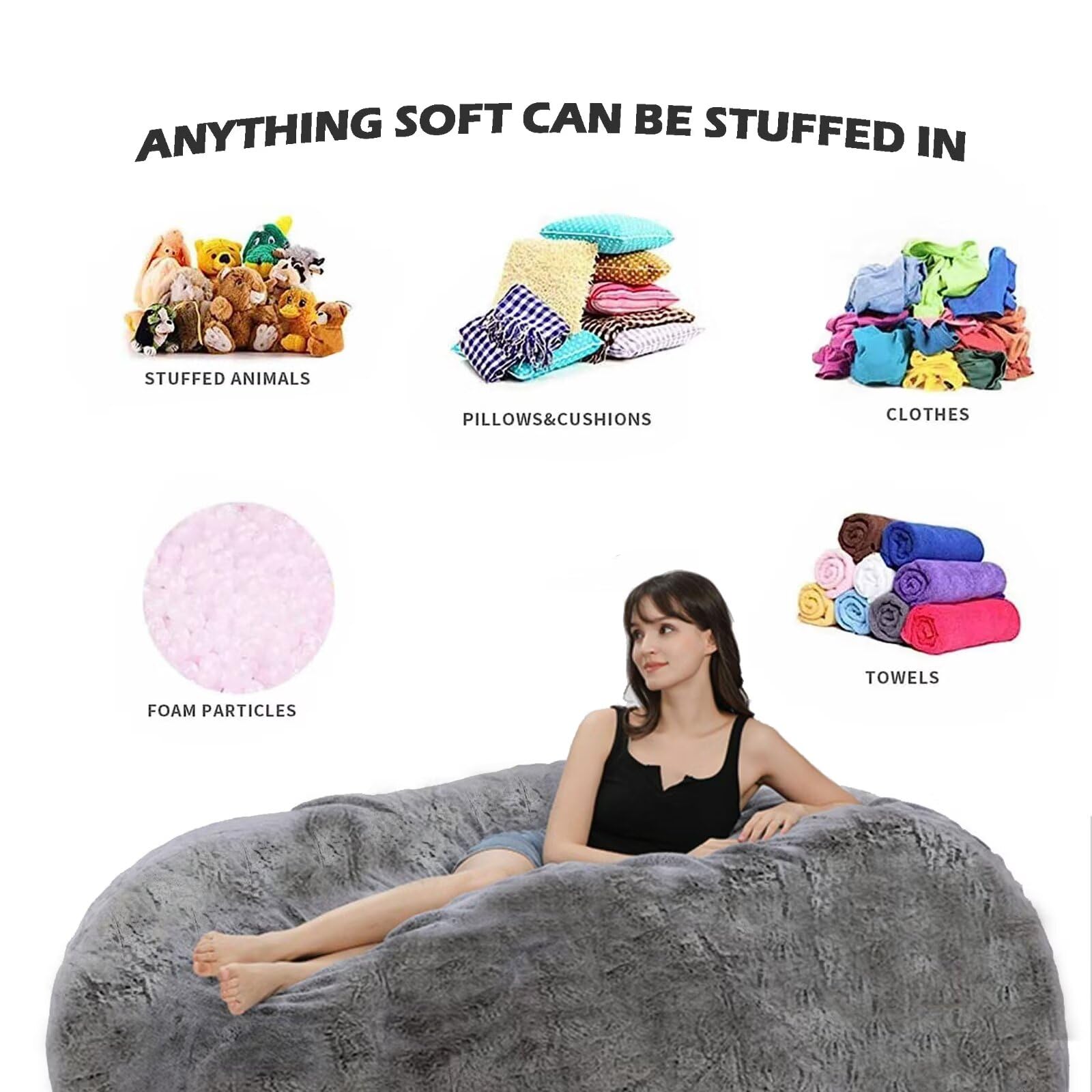 7FT Oversized Bean Bag Chair for Adults & Kids - No Filler, Soft Round Giant Beanbag Sofa - Perfect for Reading, Gaming & Relaxing - Black Lazy Chair Cover