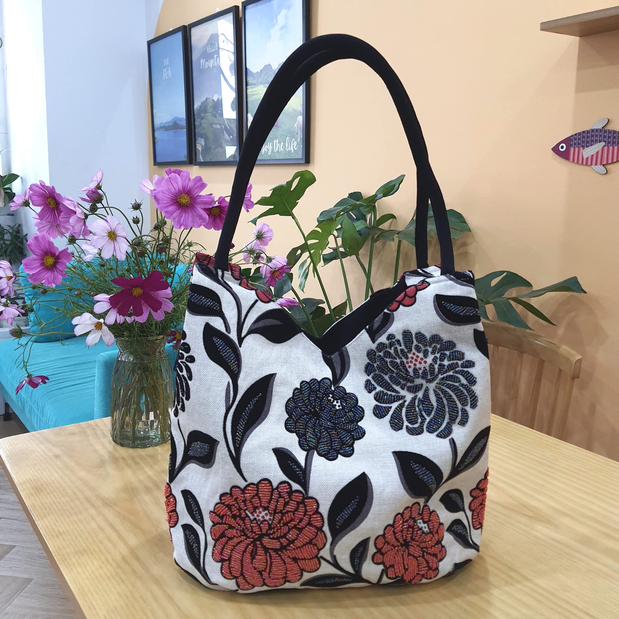 Embroidered Beaded Tote Bag for Women - Stylish Shoulder Bag for Mother's Day & Daily Use