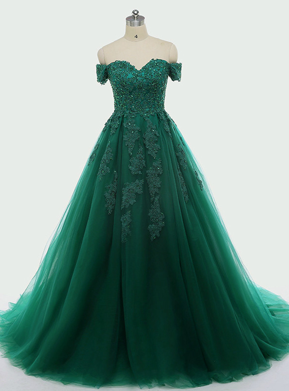 Elegant Off-The-Shoulder Green Tulle A-Line Prom Dress for Formal Parties & Special Occasions - Long Evening Gown J5032 | Perfect for Homecoming, Prom Night & Wedding Guest Attire