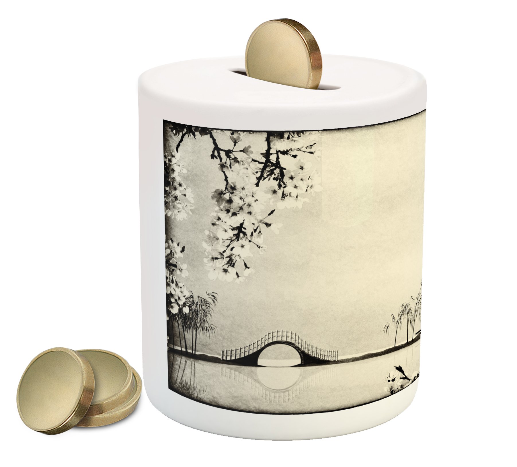 Ambesonne Japanese Piggy Bank - Ink Painting Style Far Eastern Landscape with Traditional House & Nature - Ceramic Coin Bank for Cash Saving - Black & Beige - Perfect Gift for Collectors & Home Decor