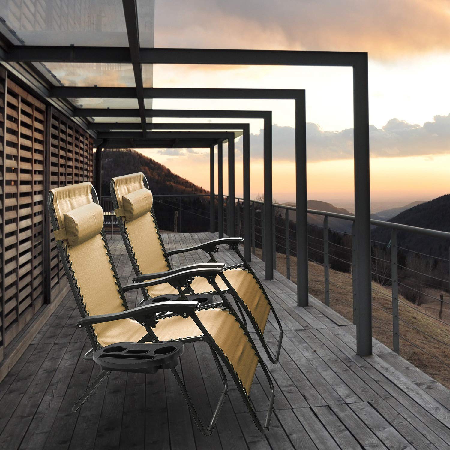 iMounTEK Set of 2 Adjustable Zero-Gravity Reclining Outdoor Lounge Chairs with Pillows & Cup Holder Side Tray - Supports 330lbs - Patio, Porch, Deck, Poolside, Beach, Lawn, Yard Furniture - Black/Blue/Brown/Tan - Perfect for Relaxing, Sunbathing, and Outdoor Lounging
