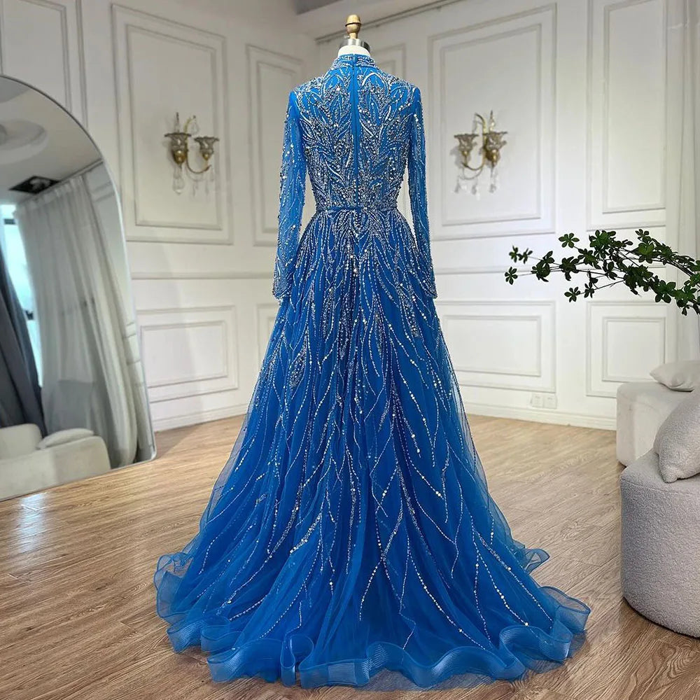 Elegant Blue Beaded A-Line Muslim Evening Dress for Women - Luxury Dubai Abaya Gown for Wedding, Party & Special Occasions | Serene Hill Collection 2025 LA72302A | Perfect for Formal Events, Evening Galas & Bridal Showers
