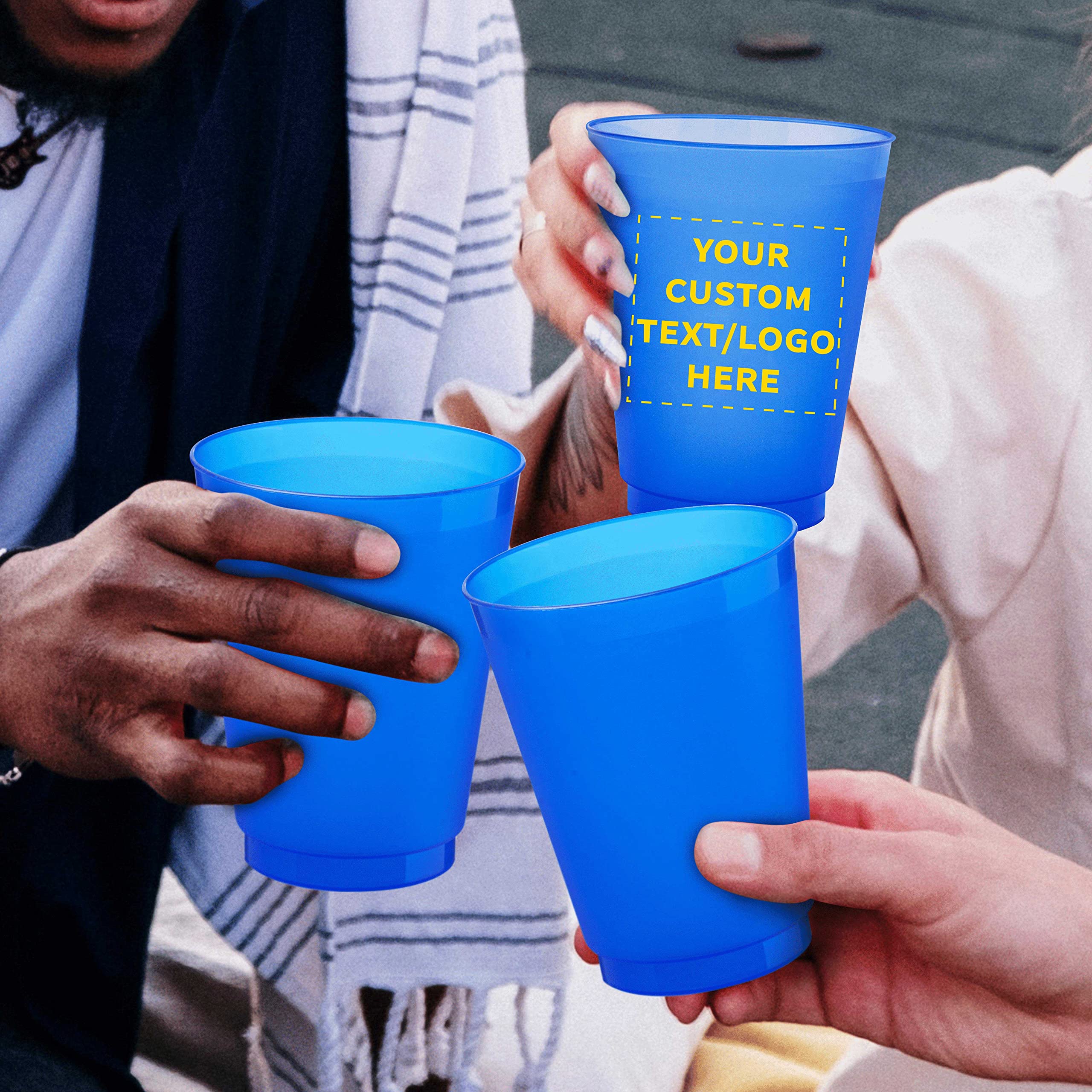 Custom Printed 16 oz Shatterproof Stadium Cups - 100 Pack Bulk Reusable Plastic Party Cups with Promotional Text & Logo - Perfect for Sports Events, Tailgating, and Outdoor Parties (Blue)