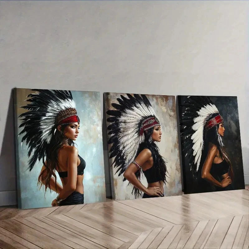 3pcs Indian Girl Feathered Headdress Wall Art Set - Framed Canvas 40x60cm, High Quality Print, 100% Australian Made, Ready to Hang - Perfect for Nursery, Bedroom & Boho Home Decor