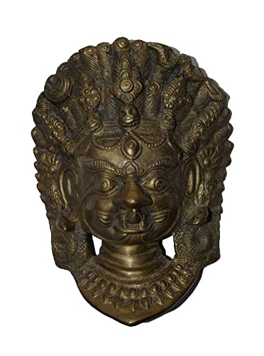 Antique Brass Bhairav Face Wall Hanging - Tibetan Buddhist Mahakal Wall Decor - Rare Collectible Room Protector Mask for Home & Office Spiritual Decor