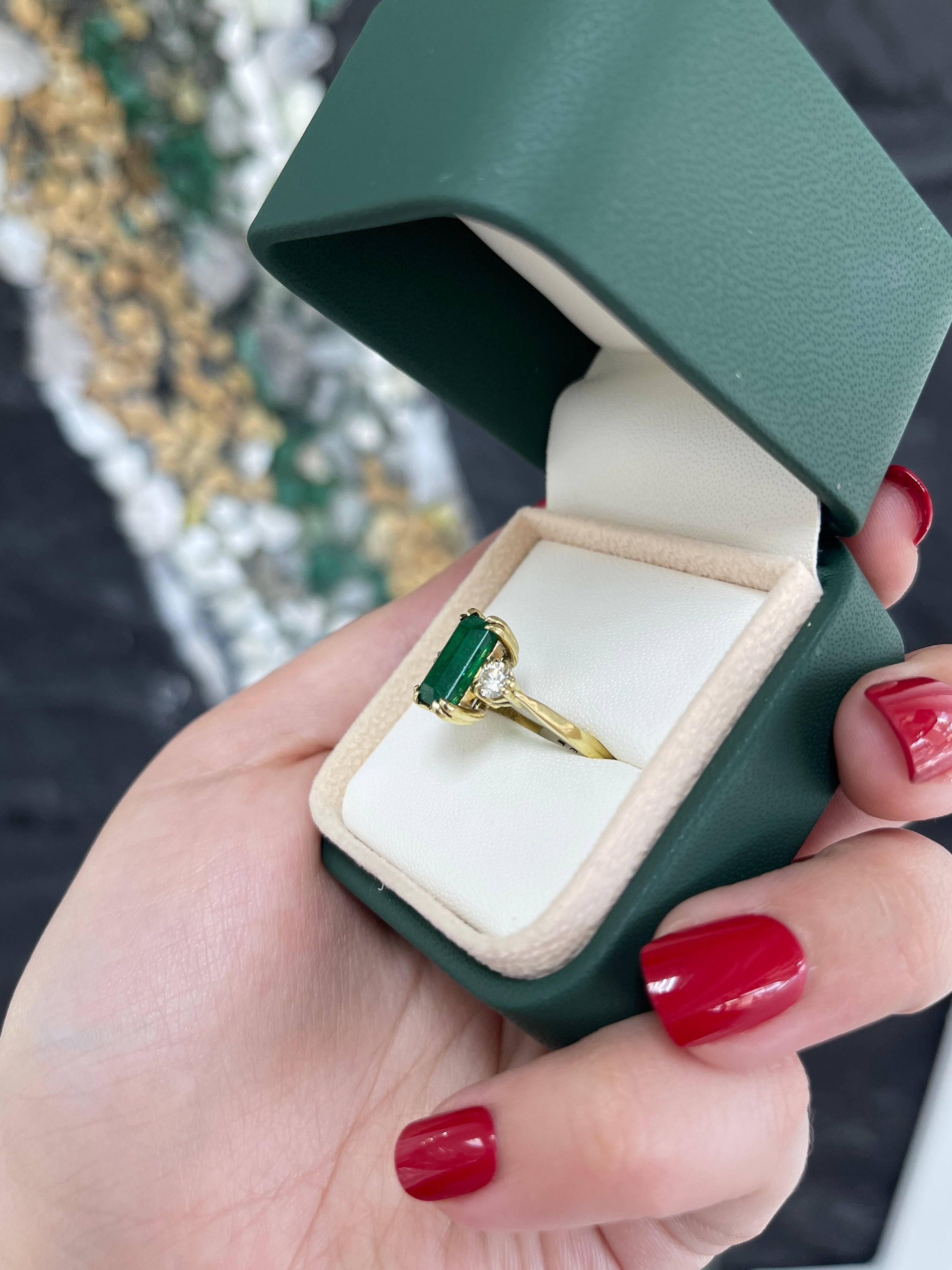 2.78tcw 18K Gold Natural Emerald Cut & Brilliant Round Diamond Three Stone Ring - Deep Dark Alpine Green Gemstone Jewelry for Engagement, Wedding & Anniversary Gifts