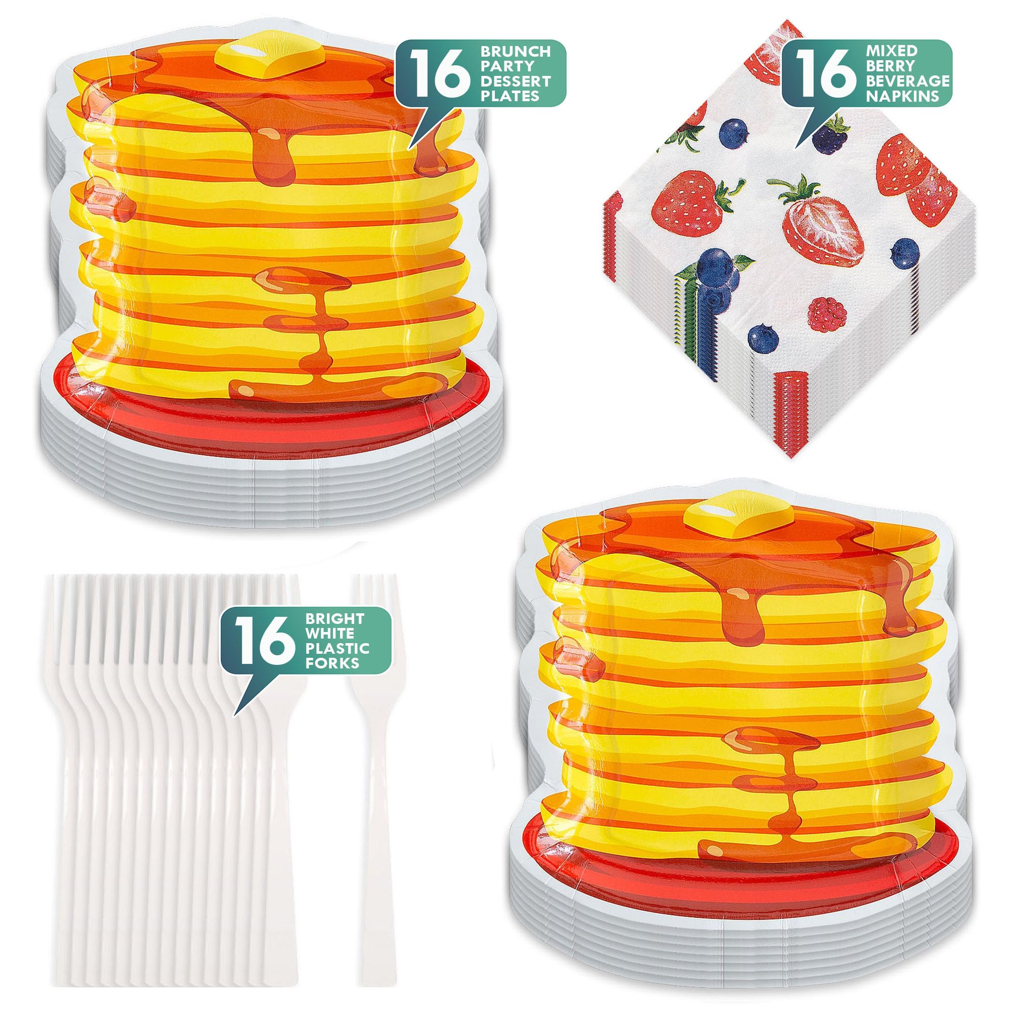 Pancake Stack Paper Plates & Mixed Berry Napkins Set - 16-Piece Breakfast & Brunch Party Supplies for Family Gatherings, Baby Showers, and Sunday Brunches