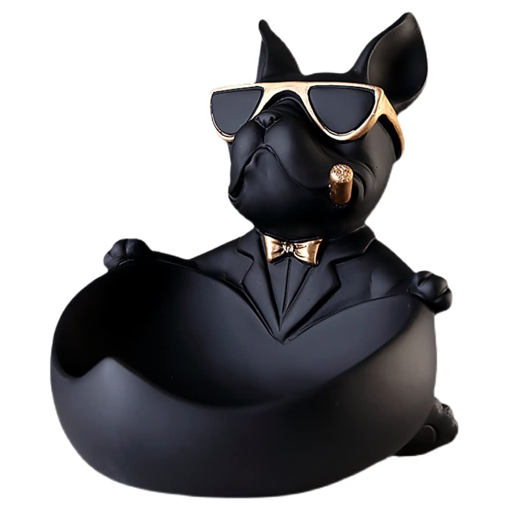 Bulldog Key Holder Bowl - Decorative Resin Storage Tray for Desk, Jewelry, Candy & Earrings | Creative Organizer Box & Art Sculpture Figurine (Black) - Perfect for Home Office, Entryway & Gift Giving