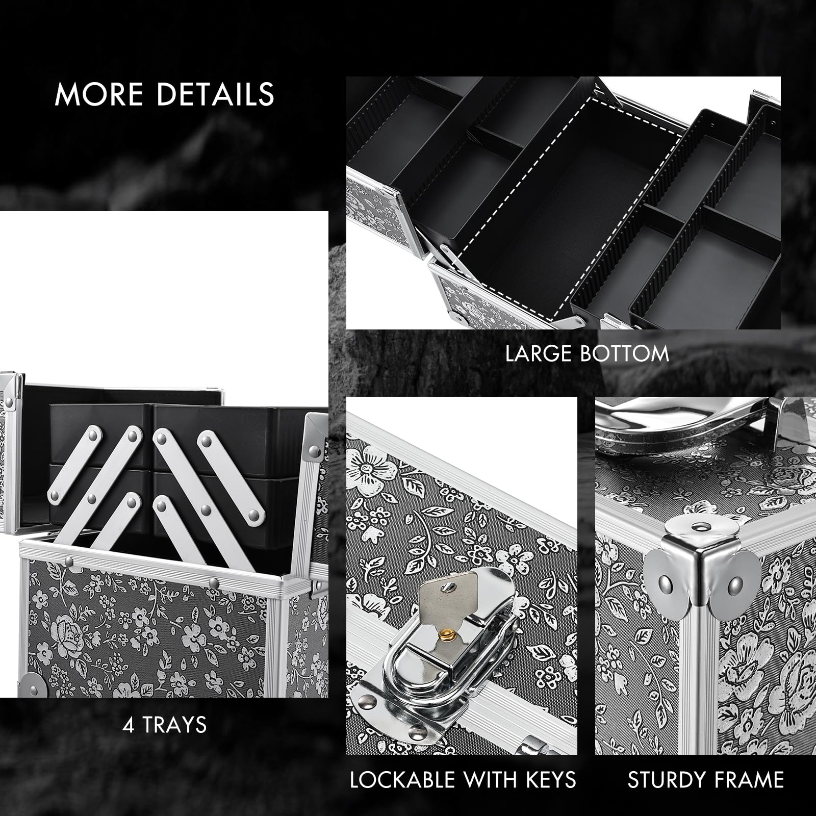 Frenessa 4-Tier Floral Makeup Train Case - Lockable Cosmetic & Jewelry Organizer with Portable Travel Design for Women & Girls - Perfect for Travel, Home Storage & Salon Use - Silver Floral