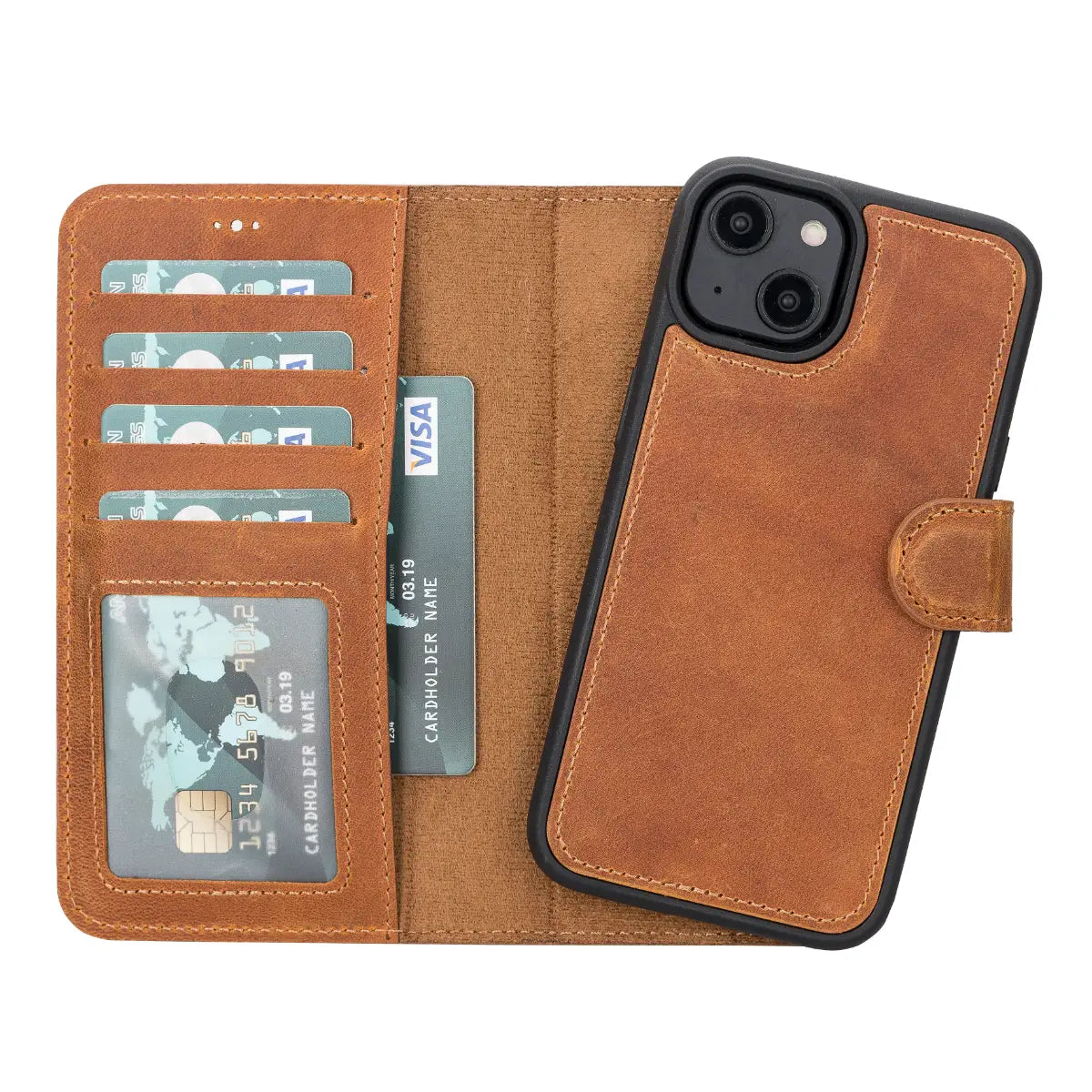 Premium Camel Brown Genuine Leather Wallet Case for iPhone 14 - Slim Protective Cover with Card Slots | Perfect for Everyday Use, Travel & Business (iPhone 14/2022 Model)