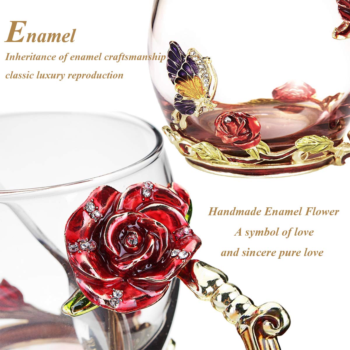 Elegant Rose & Butterfly Enamel Tea Cup Set - 12oz Glass Coffee Mug with Spoon - Perfect for Tea, Coffee & Hot Drinks - Unique Birthday, Wedding & Christmas Gift Idea - Ideal for Home, Office & Gifting