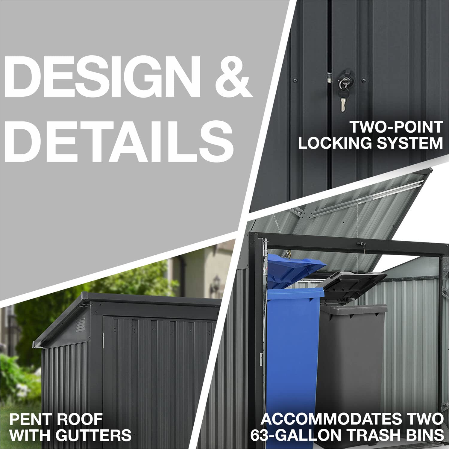 Hanover Outdoor Storage Shed for Trash & Recycling Bins - 3.3x5.2x4.4ft Galvanized Steel Pent Roof Shed with 2-Point Locking System - Holds 2 Trash Cans - Dark Gray Weatherproof Garbage Can Enclosure - Perfect for Backyard, Garage & Side Yard Waste Management