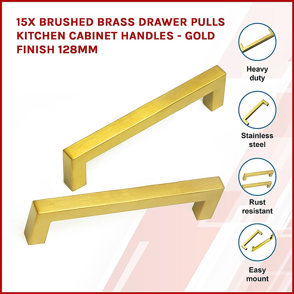 15 Pack Brushed Brass Drawer Pulls - 128mm Kitchen Cabinet Handles with Gold Finish - Perfect for Modern Cabinets, Dressers & Furniture Upgrades