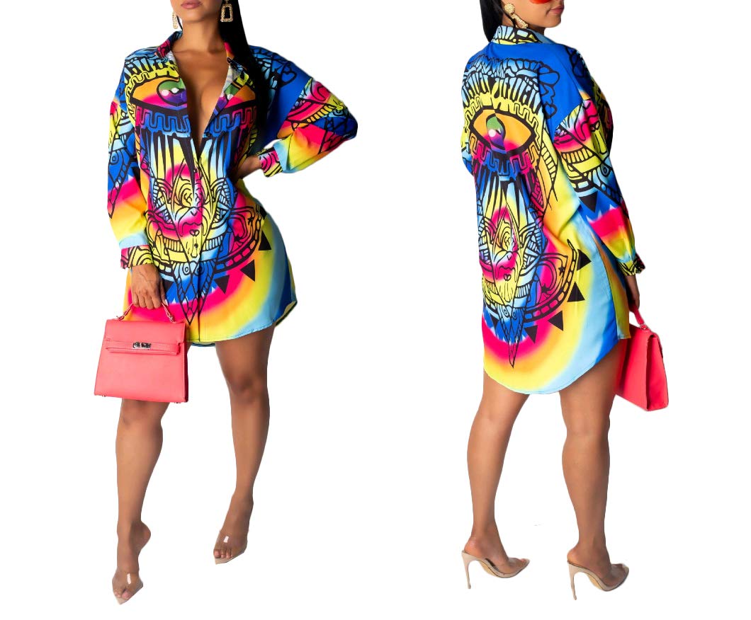 Remelon Women's Floral Print Button Down Collar Long Shirt Dress Blouse - Casual Mini Dress for Summer, Beach, Office & Date Night