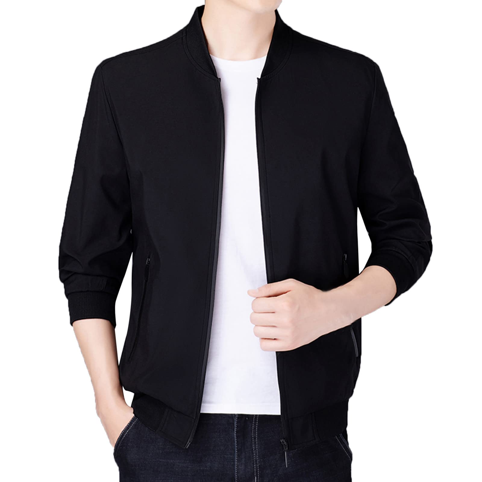 Men's Casual Long Sleeve Stand Collar Jacket with Pockets - Lightweight Synthetic Coat for Autumn & Winter - Perfect for Outdoor Activities, Work, and Daily Wear
