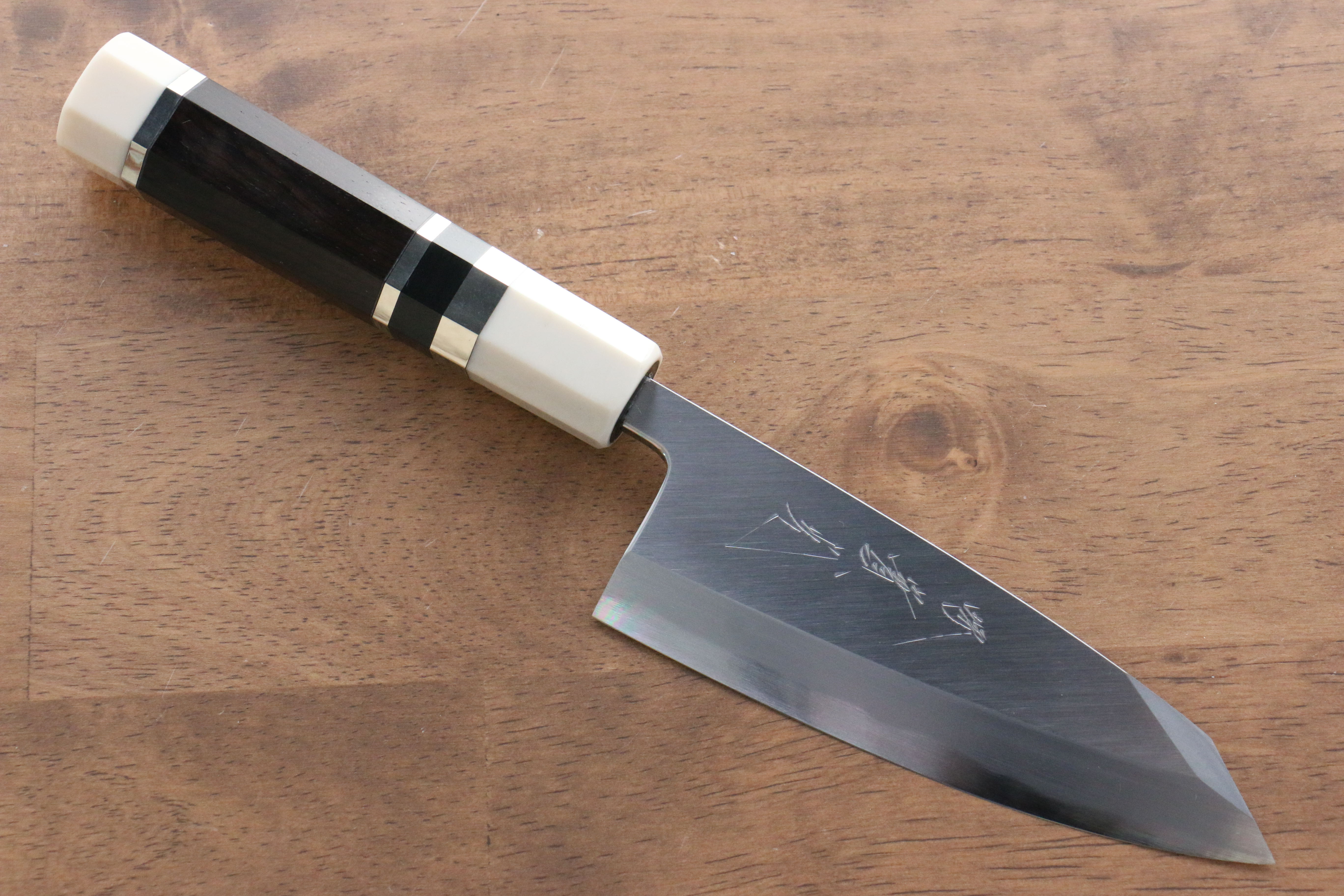 Jikko Shiko Blue Steel Kiritsuke Deba Knife 120mm - Ebony Wood Handle with Double Ring - Professional Japanese Kitchen Knife for Sushi, Fish & Meat Cutting