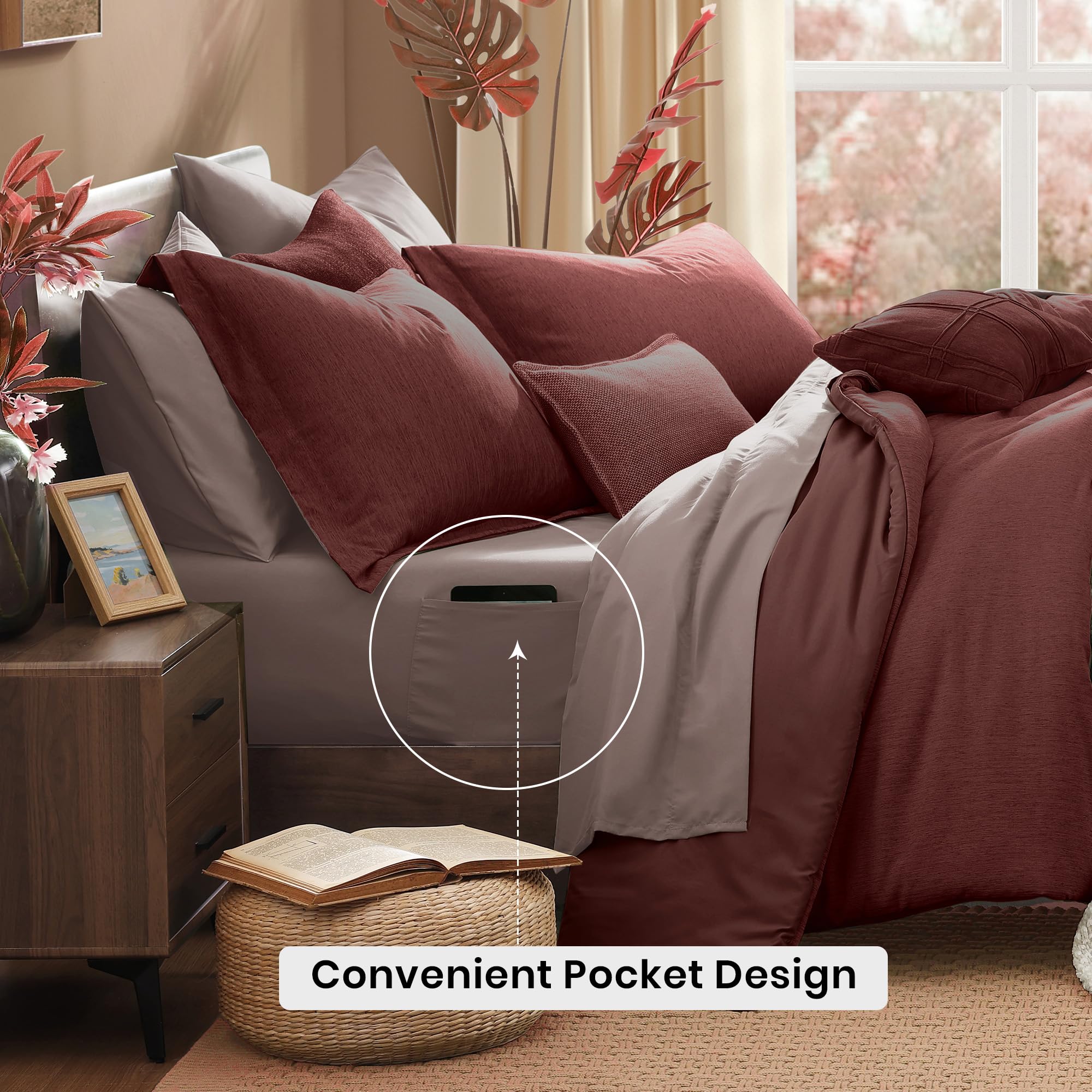 Monbix Queen Comforter Set - 7 Piece Dark Red Reversible Bedding Set with Comforter, Sheets, Pillowcases & Shams | Cationic Dyeing Luxury Bed in a Bag | Perfect for Master Bedroom, Guest Room & Dorm Decor