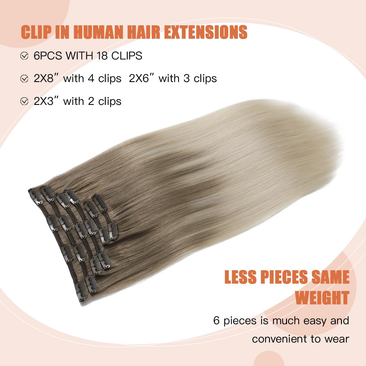 XD Hair Clip in Human Hair Extensions 120g 22 Inch Ombre Ash Brown to Platinum Blonde Double Weft Hair Extensions 6pcs - Perfect for Parties, Weddings & Daily Styling (22, #8T60)