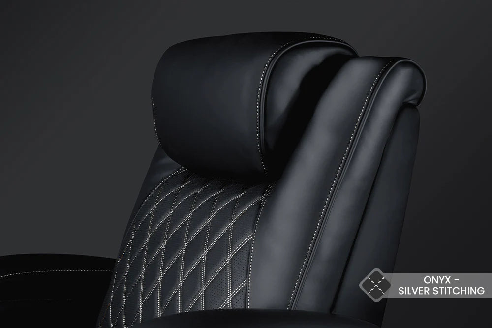 Valencia 2025 Oslo Ultimate Luxury Leather Home Theater Seating - 5-Seat Row Loveseat Left Facing in Onyx Black with Silver Stitching | Perfect for Home Cinemas, Media Rooms & Luxury Home Theaters