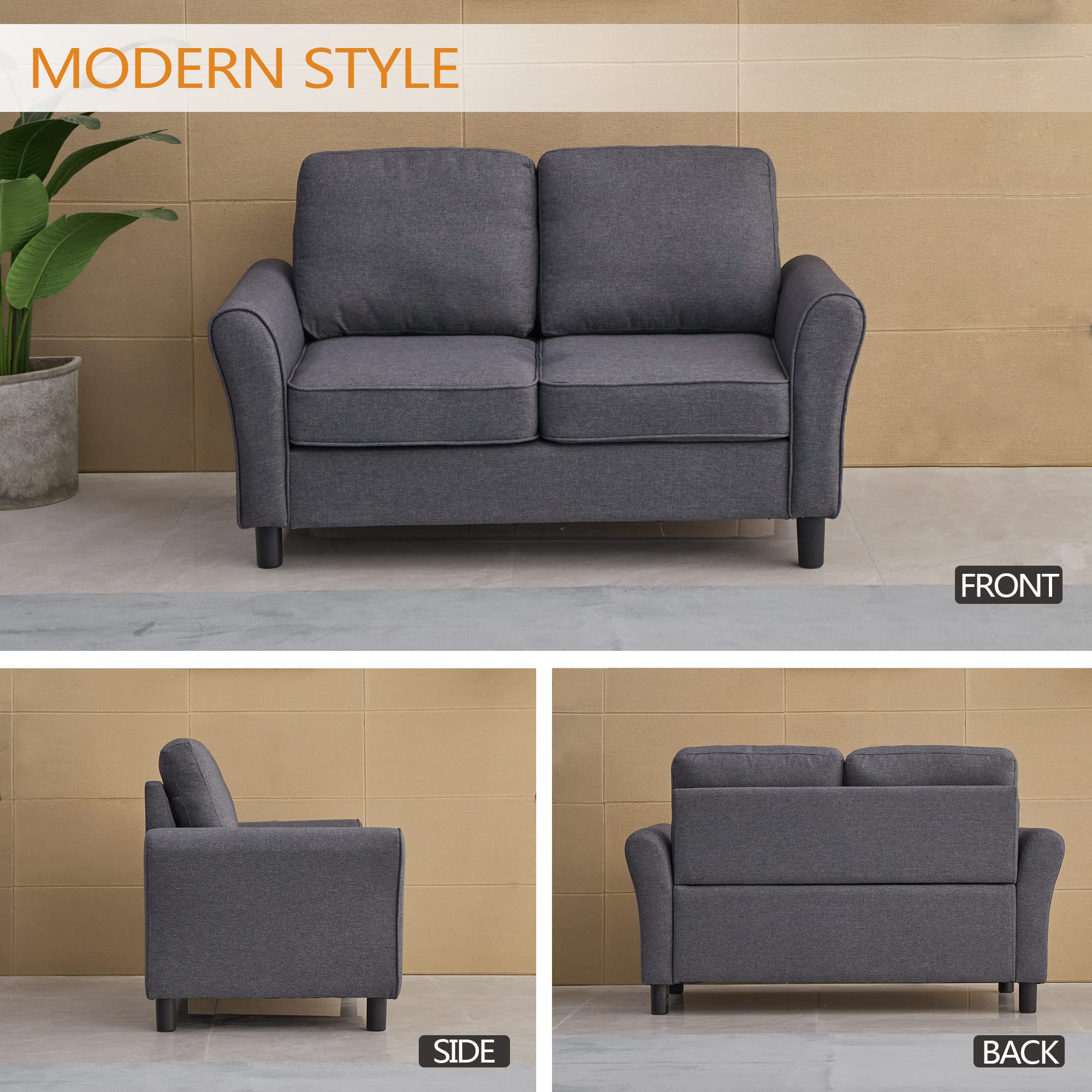 Modern Linen Loveseat Sofa - Comfortable Small Couch for Living Room, Office & Bedroom - Grey Fabric Upholstery | Perfect for Apartments, Reading Nooks & Cozy Spaces