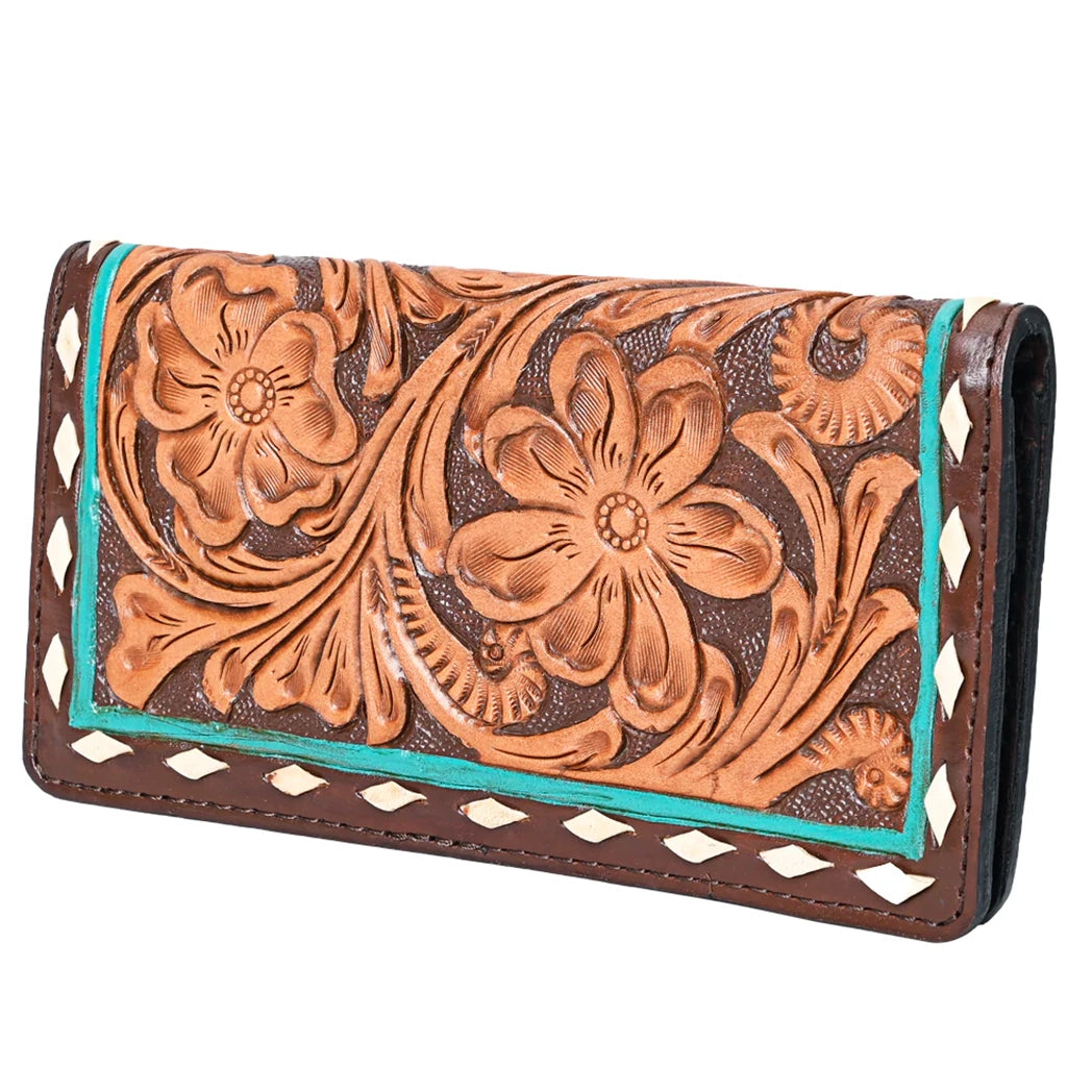 American Darling Genuine Leather Turquoise Buck Stitched Tooled Wallet - Handmade Western Style Bifold Wallet for Men, Perfect for Cowboy Boots & Rodeo Events