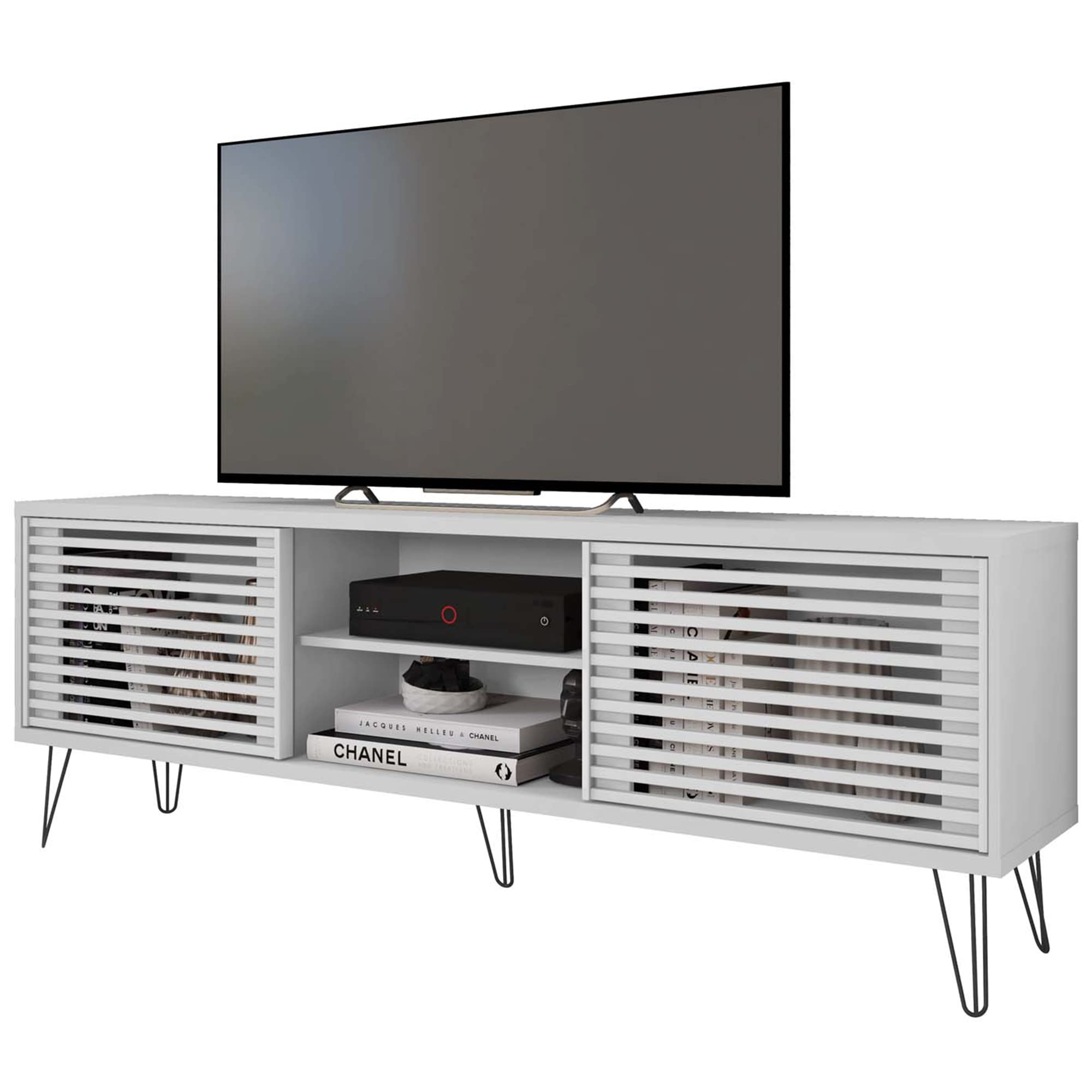 Better Home Products 70 Inch Mid-Century Modern TV Stand - White Wooden Entertainment Center for Living Room, Bedroom & Home Theater