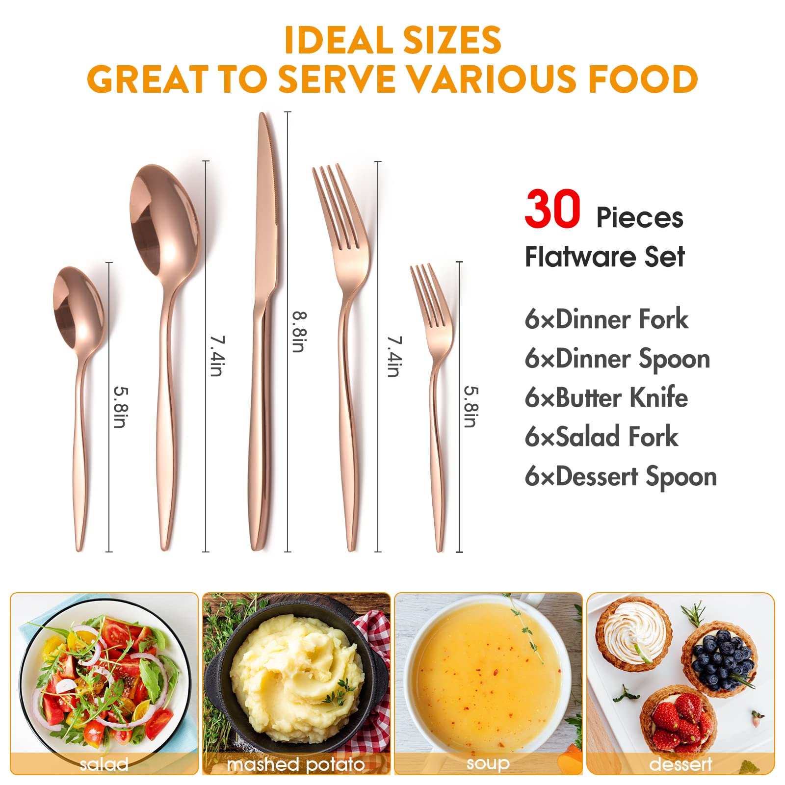 Premium 30-Piece Rose Gold Flatware Set - Stainless Steel Silverware for 6, Elegant Dining Utensils with Forks, Knives & Spoons - Perfect for Home, Restaurant & Wedding Table Settings - Durable Kitchen Essential & Dinner Party Tableware