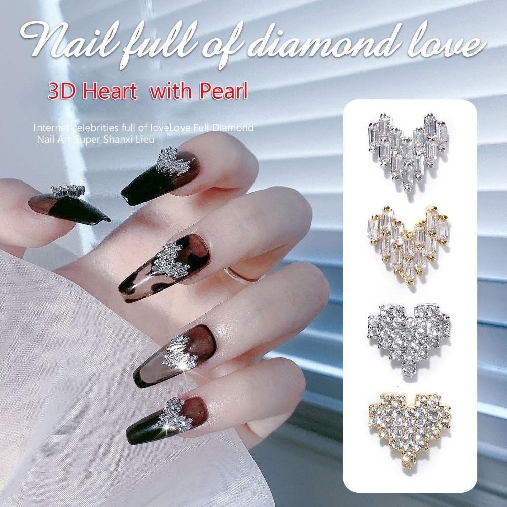 8 PCS Sweet Nail Art Charms - 3D Heart Alloy Rhinestones with Pearl Jewelry Pendants for Nail Decoration | Perfect for DIY Manicures, Bridal Nails, and Special Occasion Nail Art