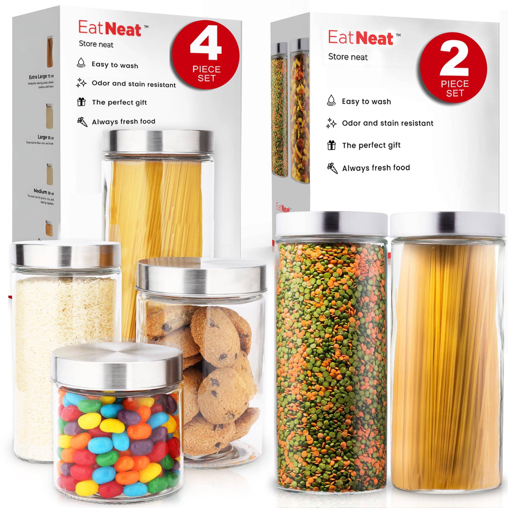 EatNeat 6-Piece Glass Canisters Set with Airtight Stainless Steel Lids - Tall Pantry Storage Jars for Flour, Sugar, Coffee & Kitchen Organization - Perfect for Baking, Meal Prep & Home Decor
