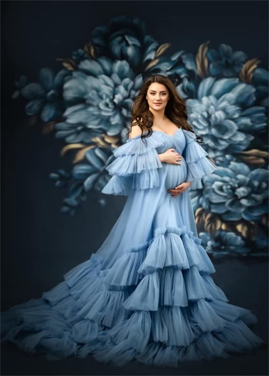 Elegant Ruffles Puffy Tulle Maternity Dress for Photoshoot | Off Shoulder Bridal Lingerie & Baby Shower Pregnancy Robe | Perfect for Maternity Photo Sessions, Bridal Showers and Special Occasions