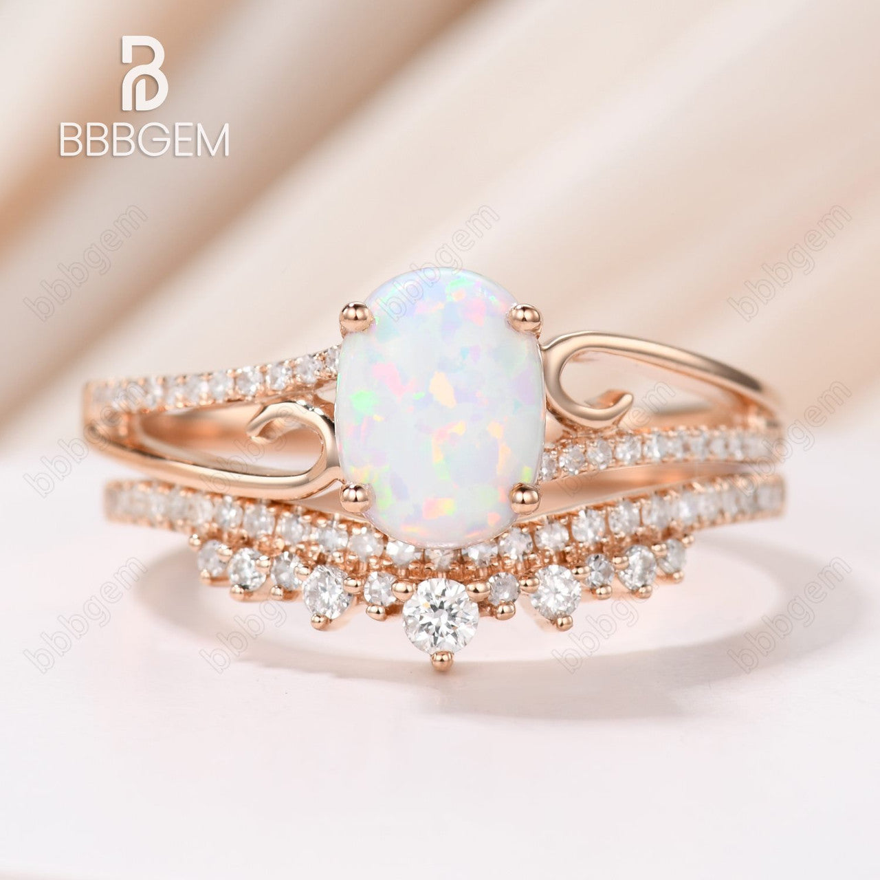 Antique Rose Gold Oval Opal Engagement Ring Set with Diamond Wedding Band - Vintage Curved Design for Unique Bridal Jewelry, Perfect for Proposals, Weddings & Anniversaries