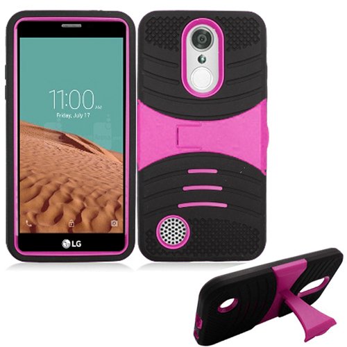 LG Rebel 3 LTE TracFone Case Rugged Heavy Duty Armor Cover with Stand (L157BL GSM/L158VL CDMA) - Armor Black Skin & Pink Stand for Outdoor Work & Daily Protection