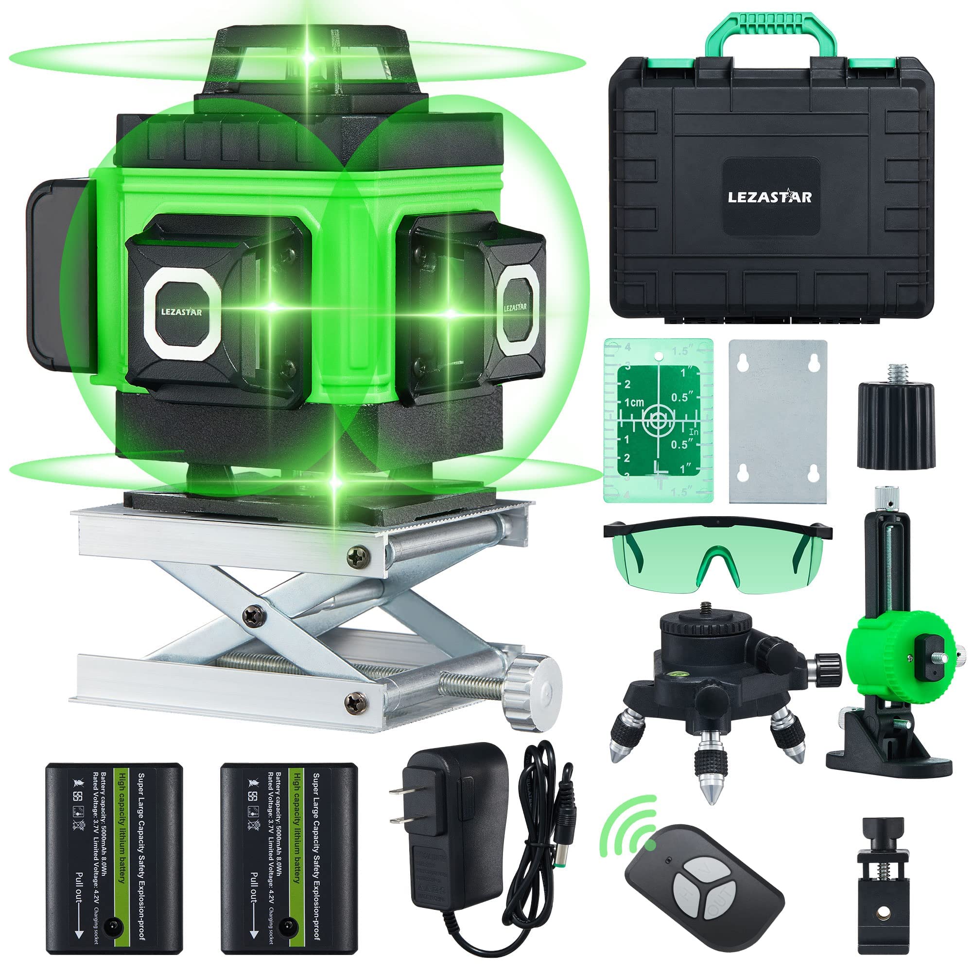 16 Line Laser Level 360 Self-Leveling with Remote Control - Green Beam Cross Laser Level Kit with 2 Rechargeable Batteries, Magnetic Rotating Stand & Hard Case - Perfect for Picture Hanging, Construction, Floor Tiling & DIY Projects