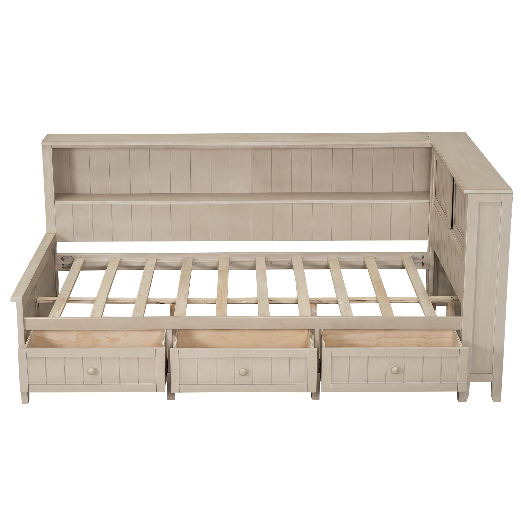 HABITRIO Twin Size Daybed Frame with Storage Shelves & 3 Drawers - Solid Wood Platform Bed with Antique White Finish - Perfect for Guest Rooms, Kids' Bedrooms & Small Spaces