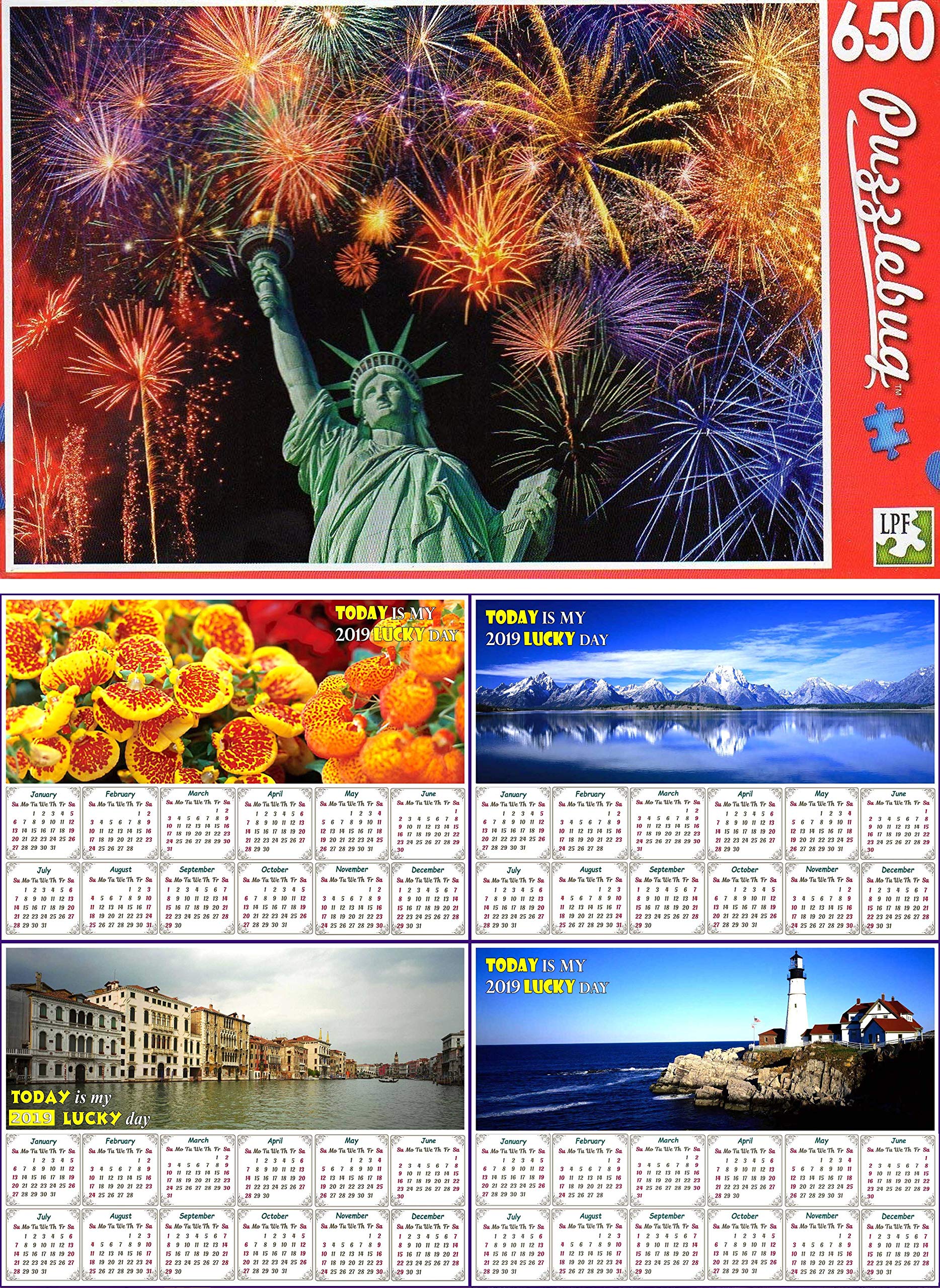 650-Piece Liberty Celebration Jigsaw Puzzle with 2019 Magnetic Calendar - Fun Family Activity & Holiday Decor Bundle