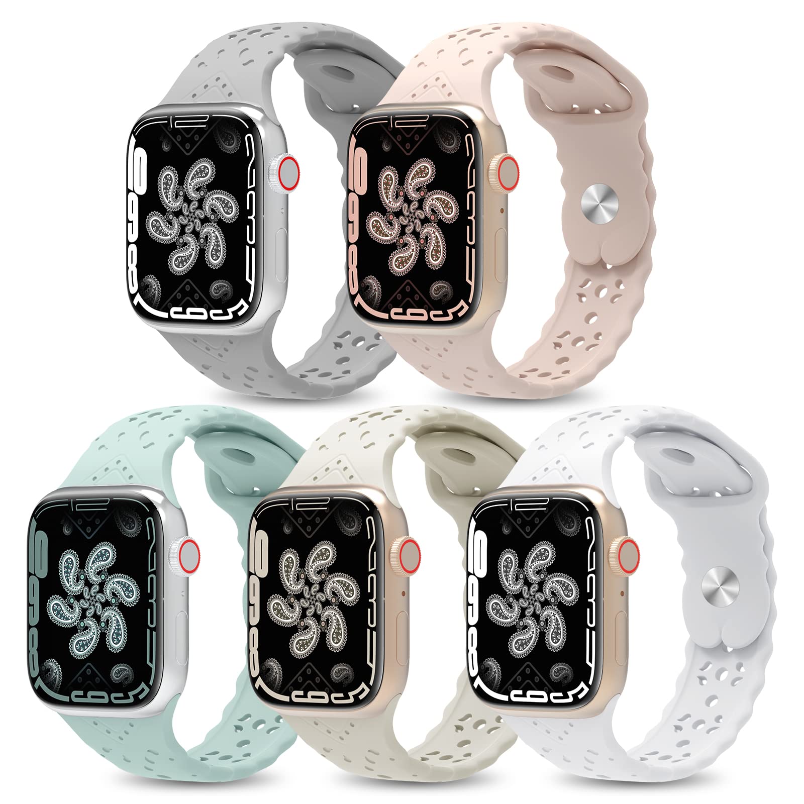 5 Pack Lace Silicone Bands for Apple Watch 38mm 40mm 41mm 42mm 44mm 45mm - Soft Hollowed-out Paisley Sport Strap Replacement Wristbands Compatible with iWatch Series 8/7/6/5/4/3/2/1/SE - Perfect for Workouts, Daily Wear & Fashion Accessories