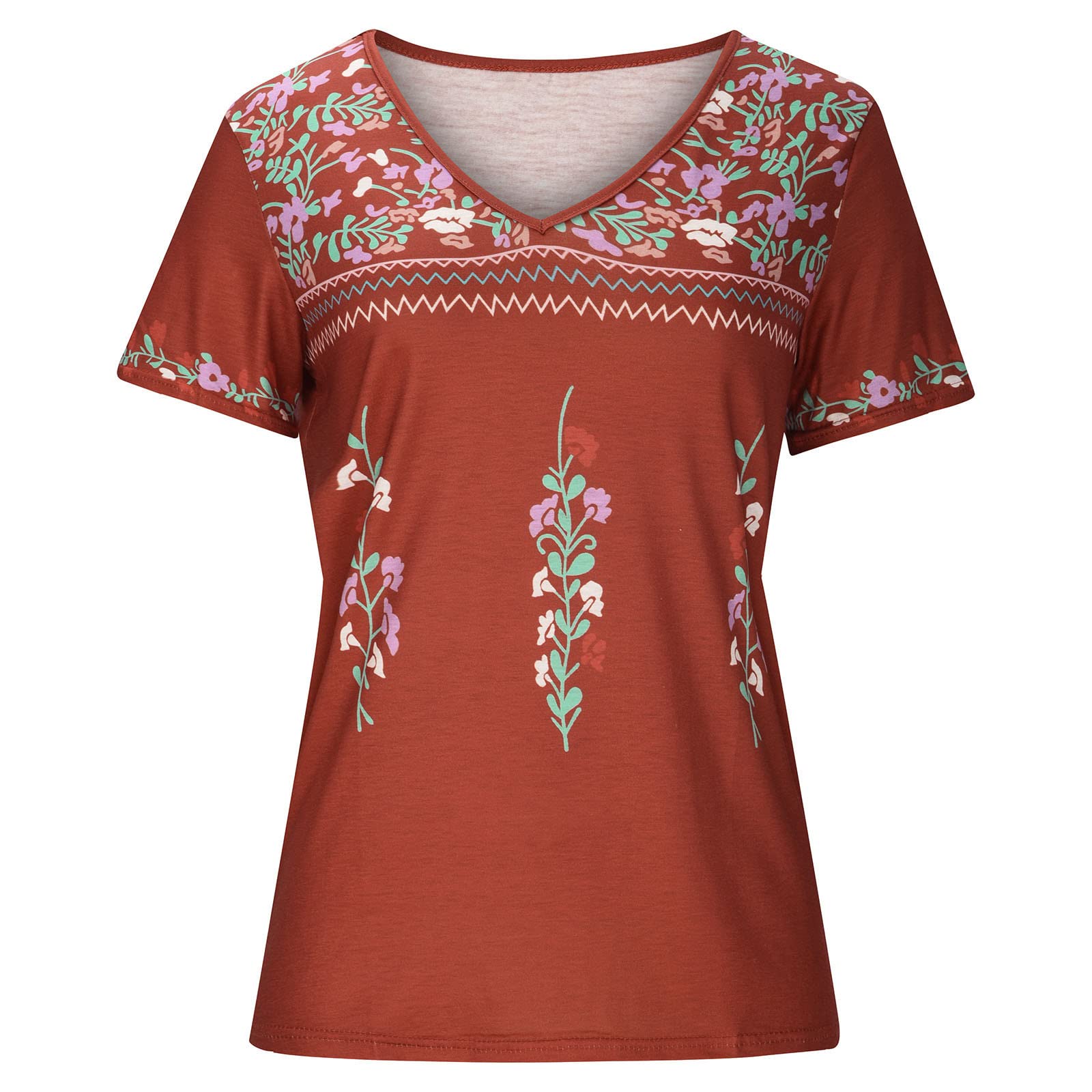 Women's Casual Ethnic Print Short Sleeve V-Neck Blouse - Boho Chic Tunic Top for Summer, Beach, and Everyday Wear