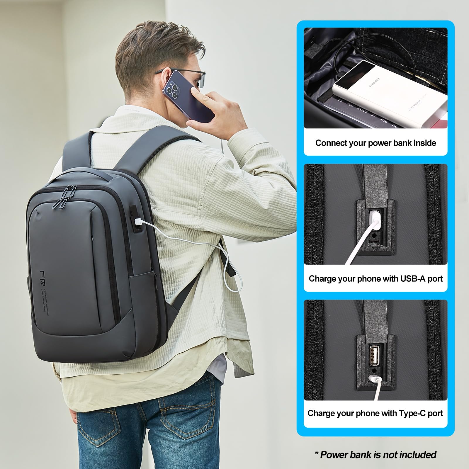 FENRUIEN Expandable Business Travel Backpack with USB Charging Port - 15.6 Inch Laptop Backpack for College, Work & Commuting - Water-Resistant Gray Computer Backpack for Men & Women - Perfect for Business Trips, Daily Office Use & Campus Life