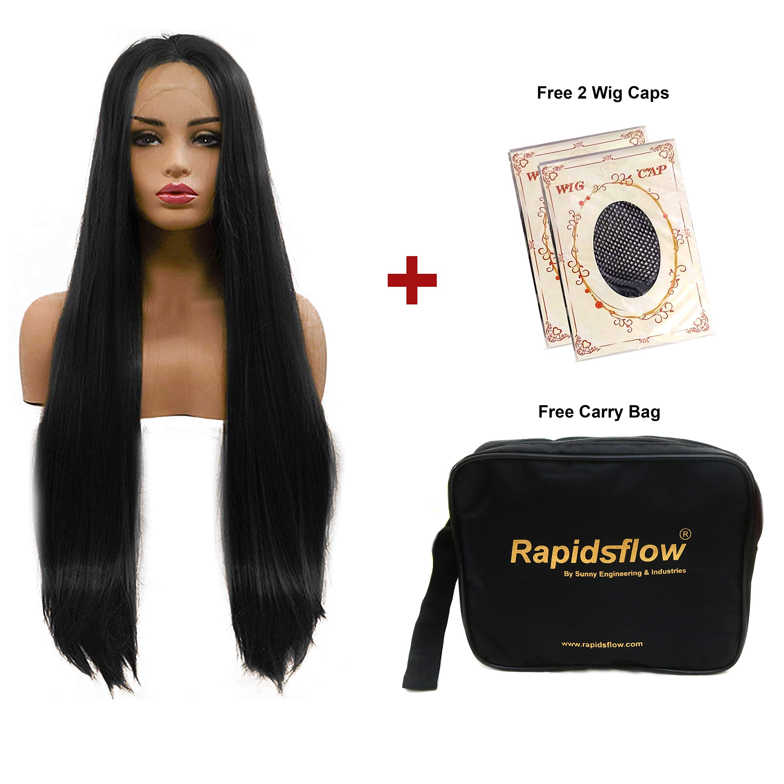 Rapidsflow® 32 Inch Front Lace Women's Wig - Natural Black Human Hair Full Head Wig with Free 2 Wig Caps & Carry Bag | Perfect for Daily Wear, Cosplay, and Special Occasions