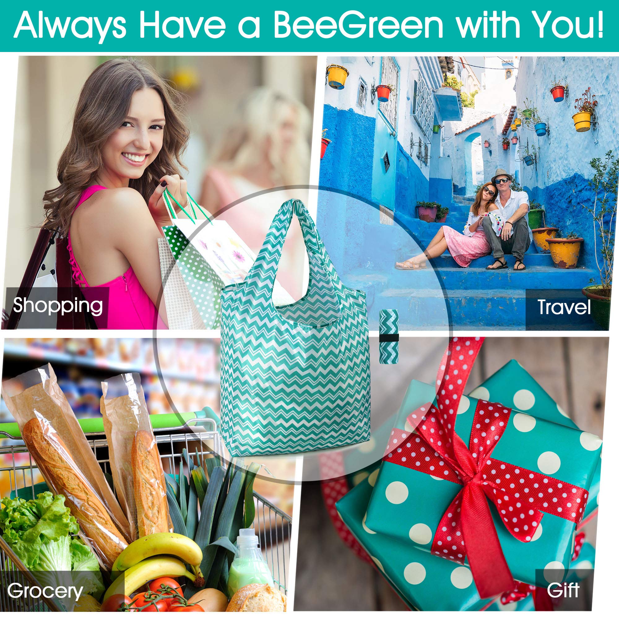 BeeGreen Reusable Grocery Bags - 12 Pack Large Washable Foldable Tote with Zipper Storage Pouch & Clear Stadium Bag, Front Pocket & Adjustable Shoulder Straps | Eco-Friendly Shopping, Travel & Sports Events